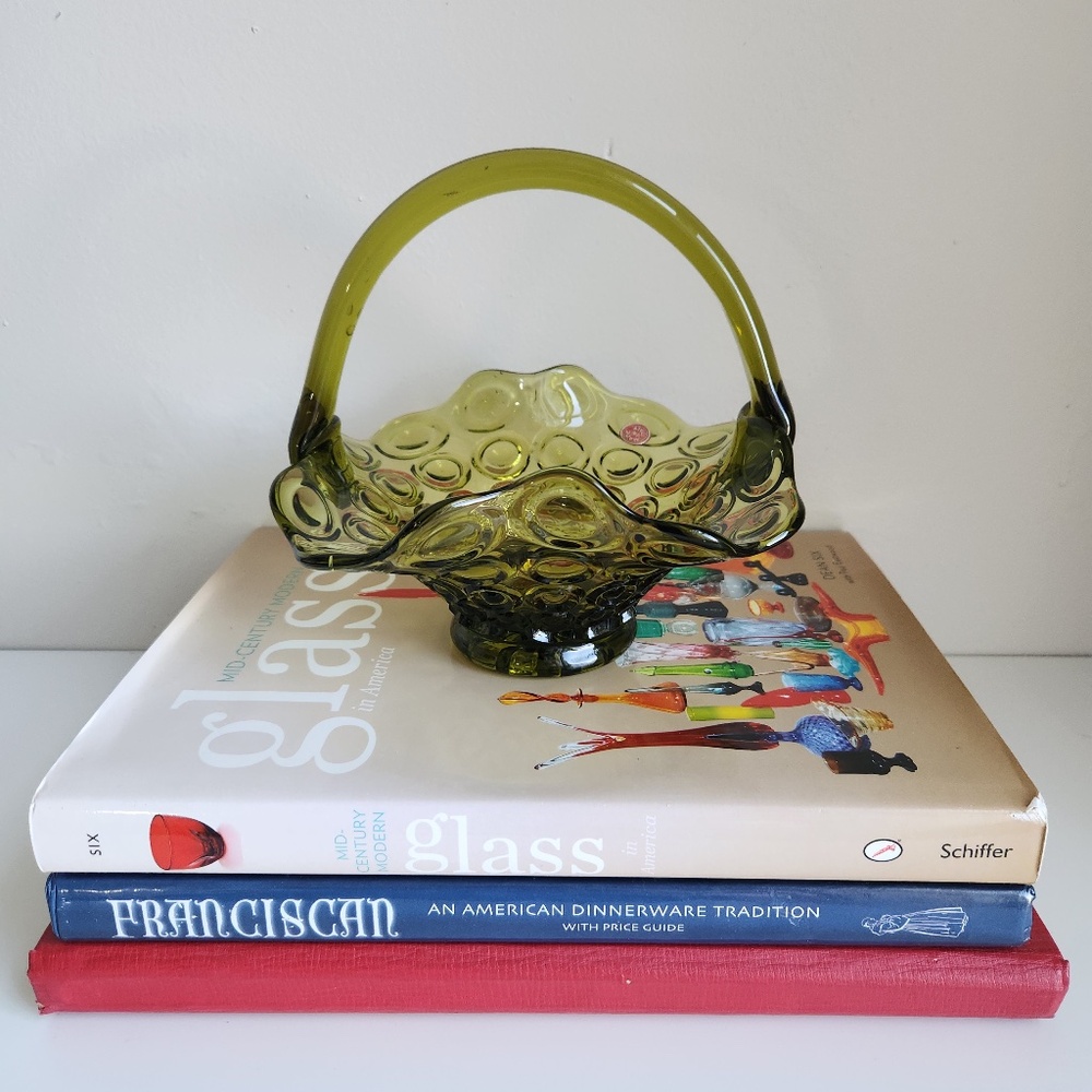 Vintage Mid Century Murano Glass Bullseye Olive Green Basket
